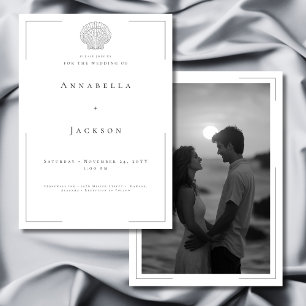 Minimal Typography Black White Shell Photo Wedding Invitation
