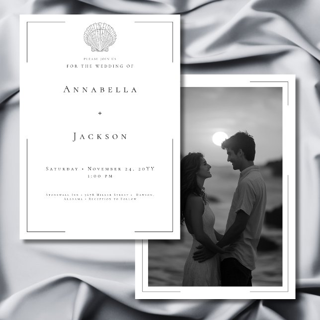 Minimal Typography Black White Shell Photo Wedding Invitation (Minimal Typography Black White Shell Photo Wedding Invitation)