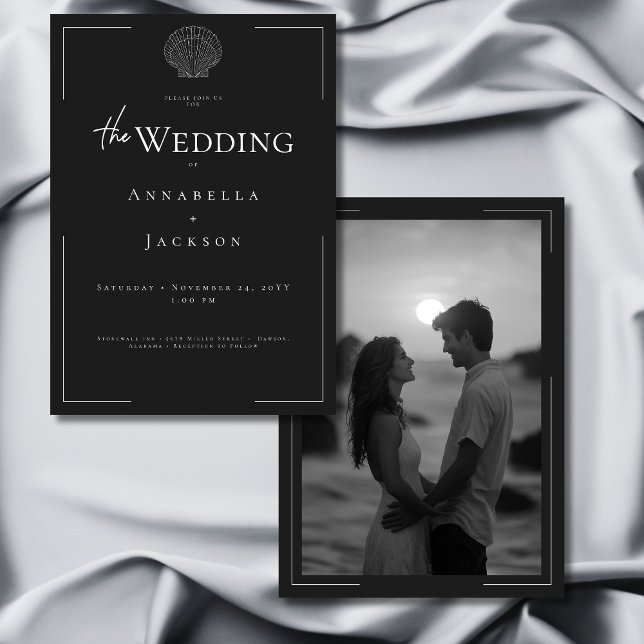 Minimal Typography Black White Shell Photo Wedding Invitation (Minimal Typography Black White Shell Photo Wedding Invitation)