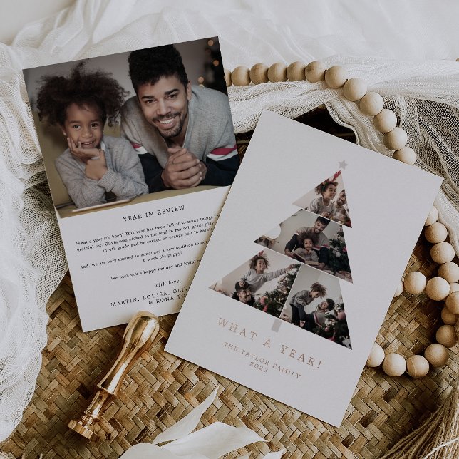 Minimal Typography Foil What A Year Christmas Tree Holiday Card (Creator Uploaded)