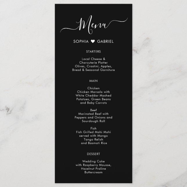 Minimal Typography Heart Black Wedding Menu Card (Front)