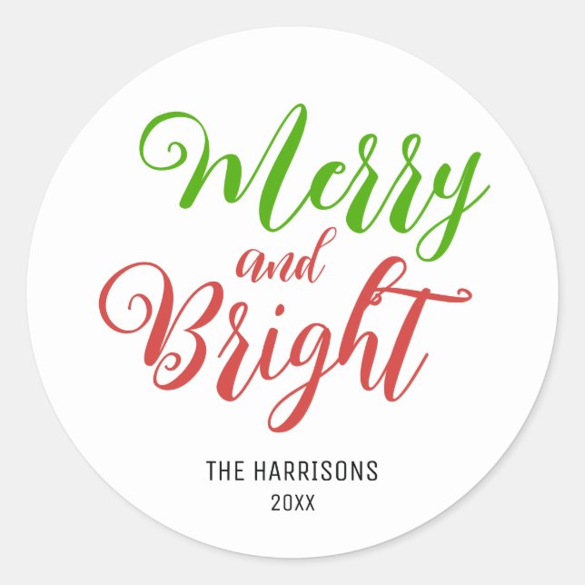 Minimal Typography Merry & Bright Christmas  Classic Round Sticker (Front)