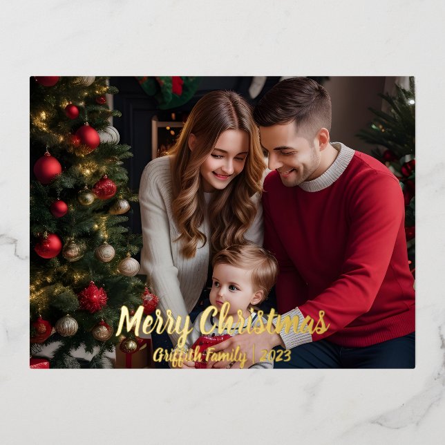 Minimal Typography Photo Christmas Foil Holiday Postcard (Front)