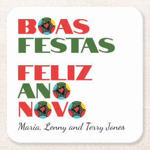 Minimal Typography Portuguese Christmas Greetings Square Paper Coaster