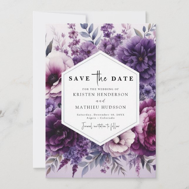 Minimal Typography Purple Floral Wedding  Save The Date (Front)