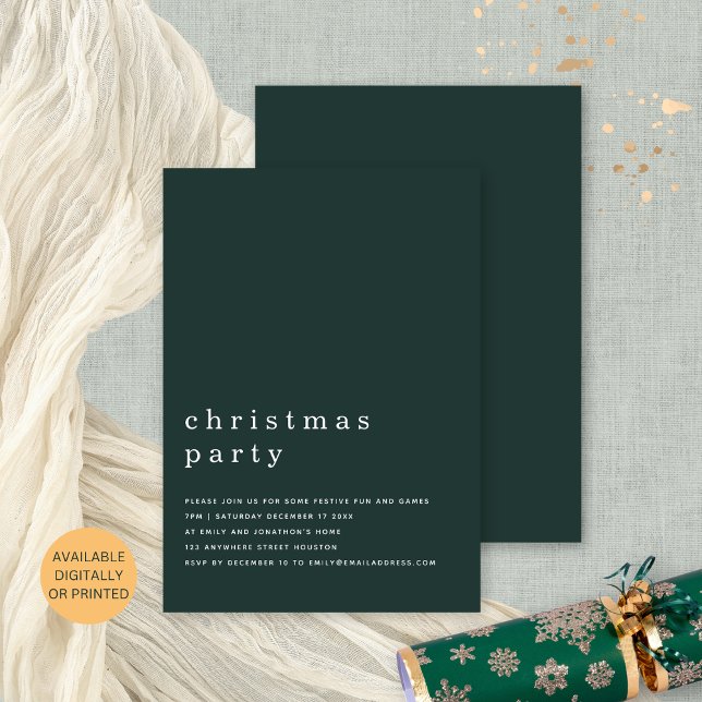 Minimal TypographyChristmas Party Dark Green Invitation (Frotn and back view. Available digitally or printed)