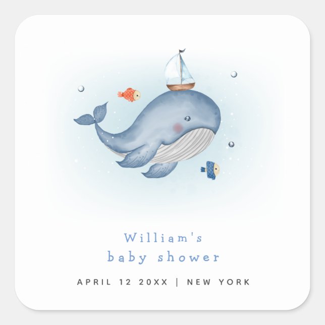 Minimal Under The See Whale Nautica Baby Shower Square Sticker (Front)