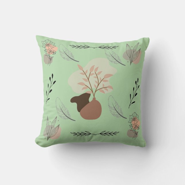 Minimal vase, feathers and floral boho art- cushion (Front)