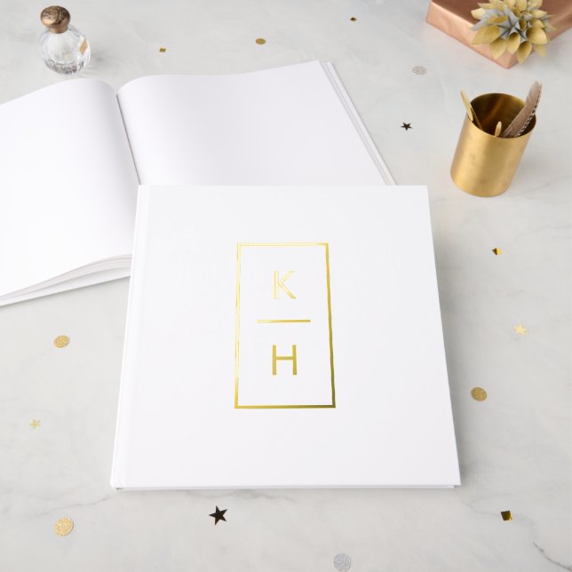 Minimal Vertical Monogram Name and Wedding Date Guest Book (Front Open)