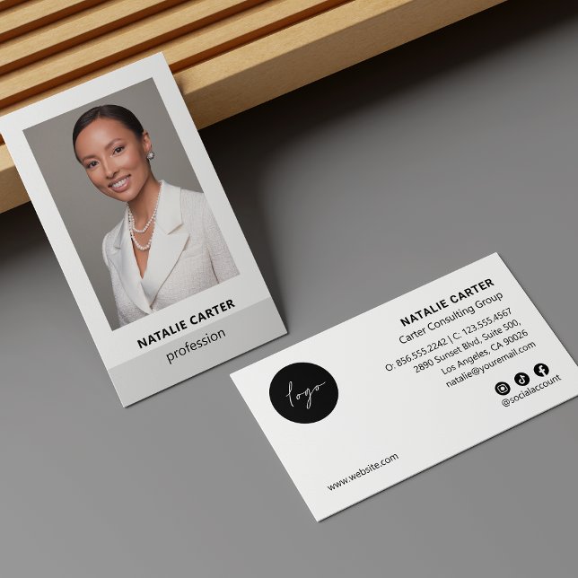 Minimal Vertical Photo Logo Social SILVER GRAY Business Card (Creator Uploaded)