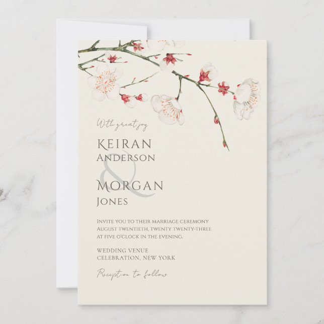 Minimal Vintage Cherry Blossom Wedding Invitation (Front)