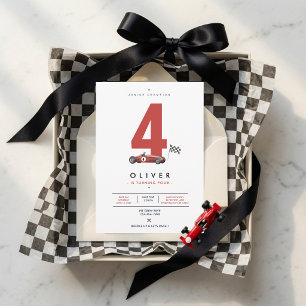 Minimal Vintage Formula Race Car 4th Birthday  Invitation