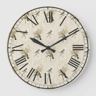 Minimal Vintage Lily Bird Elegant Antique Large Clock