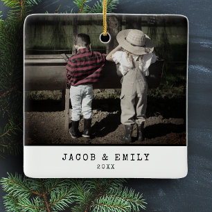 Minimal Vintage One Photo Personalised Christmas Ceramic Ornament