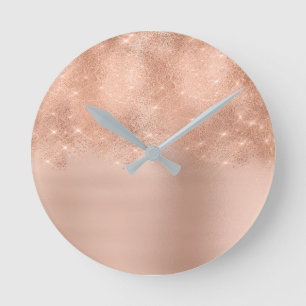 Minimal Vip Sparkly Glitter Rose Gold Blush Pink Round Clock