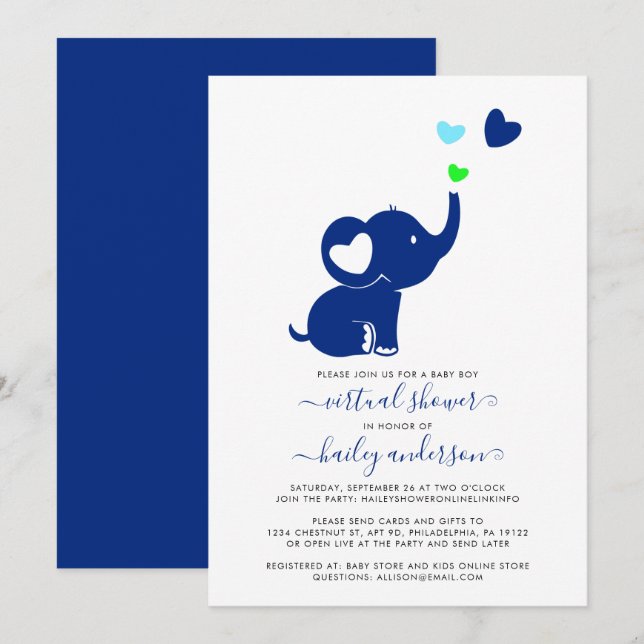 Minimal Virtual Baby Shower Blue Boy Elephant Invitation (Front/Back)