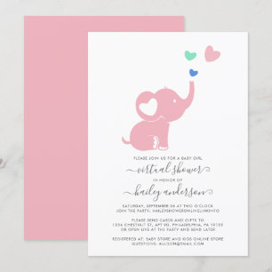 Minimal Virtual Baby Shower Pink Girl Elephant Invitation