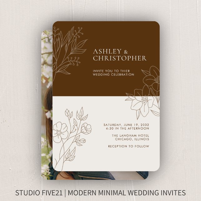 Minimal Walnut Brown Foliage Outline Photo Wedding Invitation (Creator Uploaded)