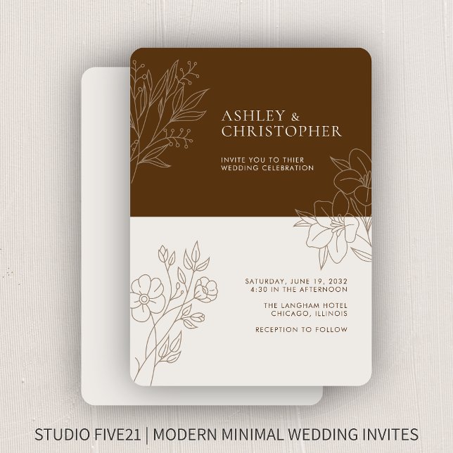 Minimal Walnut Brown Foliage Outline Wedding Invitation (Creator Uploaded)