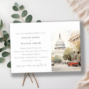 Minimal Washington DC Watercolor Rehearsal Dinner Invitation