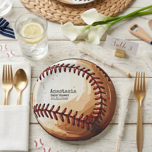 Minimal Watercolor Baseball Shape Baby Shower Paper Plate