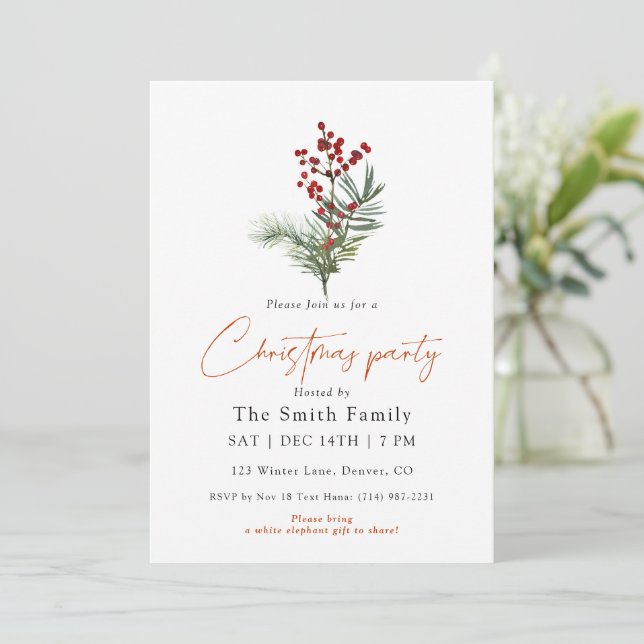 Minimal Watercolor Berry Christmas Party Invitation (Standing Front)