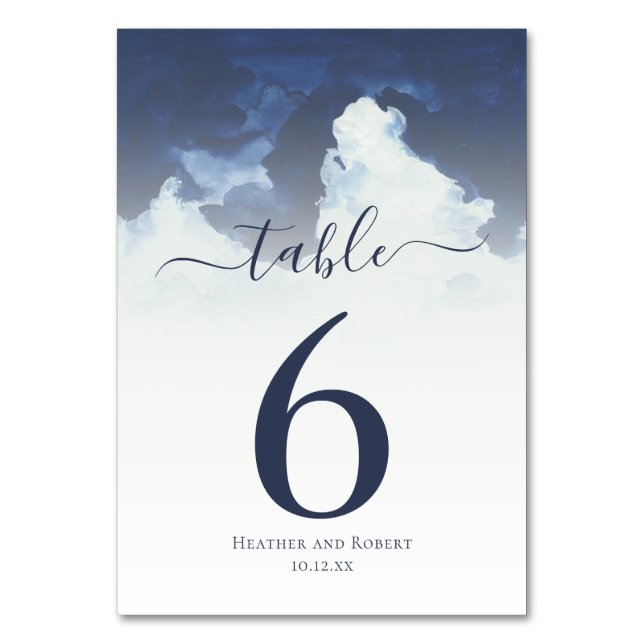 Minimal Watercolor Blue Sky Wedding Table Number (Front)