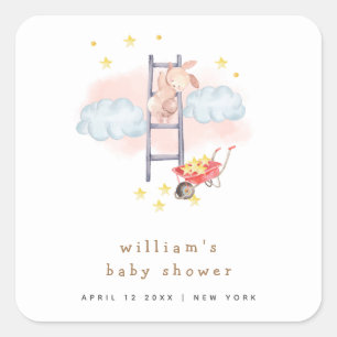 Minimal Watercolor Boho Bunny Stars Baby Shower Square Sticker