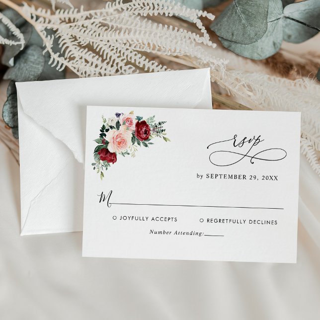 Minimal Watercolor Burgundy Blush Flowers Wedding RSVP Card (Creator Uploaded)