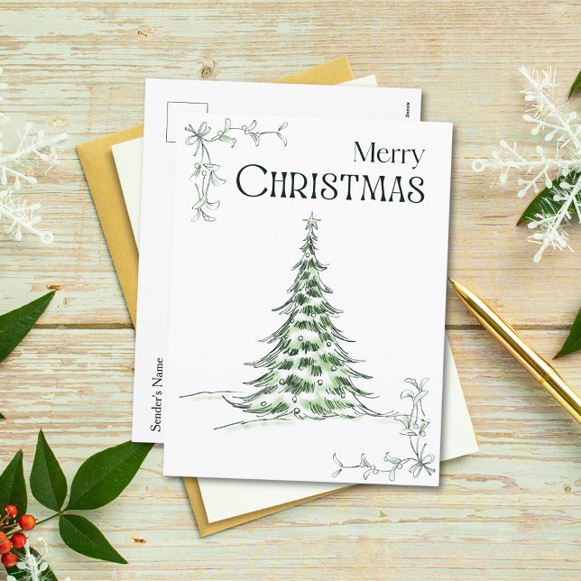 Minimal Watercolor Christmas Tree Merry Christmas  Holiday Postcard (Creator Uploaded)