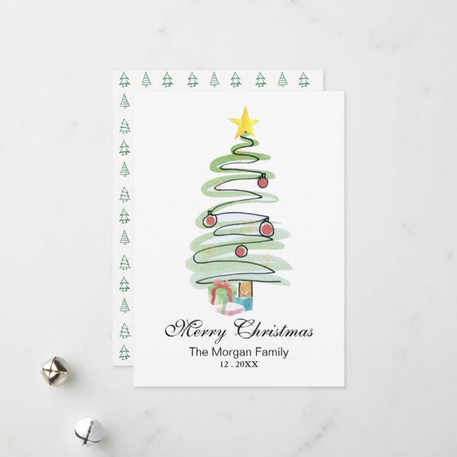Minimal Watercolor Christmas Tree Non-Photo  Holiday Card (Front/Back In Situ)
