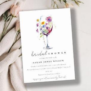 Minimal Watercolor Floral Wine Glass Bridal Shower Invitation