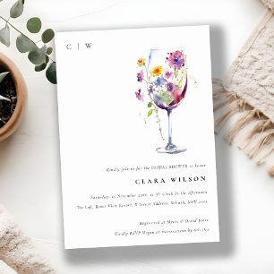 Minimal Watercolor Floral Wine Glass Bridal Shower Invitation