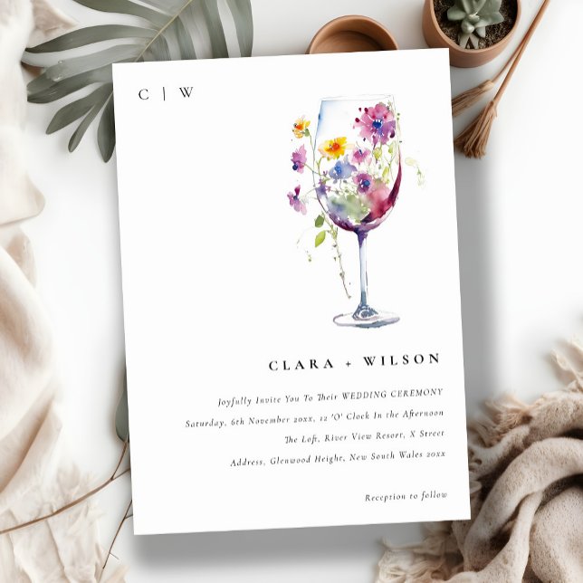 Minimal Watercolor Floral Wine Glass Wedding Invitation (Creator Uploaded)