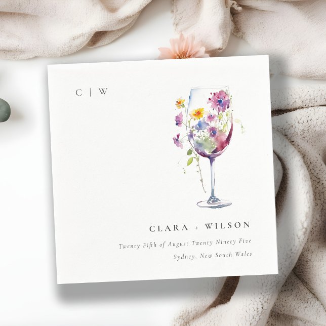Minimal Watercolor Floral Wine Glass Wedding Napkin (Creator Uploaded)