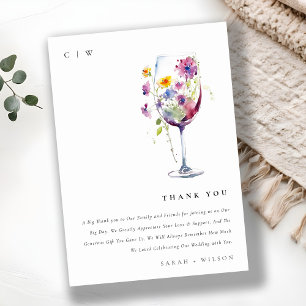 Minimal Watercolor Floral Wine Glass Wedding Thank You Card