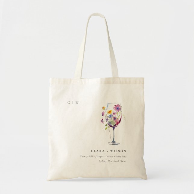 Minimal Watercolor Floral Wine Glass Wedding Tote Bag (Front)