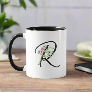 Minimal Watercolor Flower & Black Letter R Script Mug