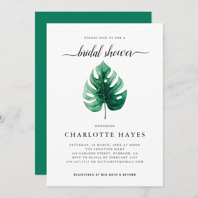 Minimal Watercolor Green Leaf Bridal Shower Invitation (Front/Back)