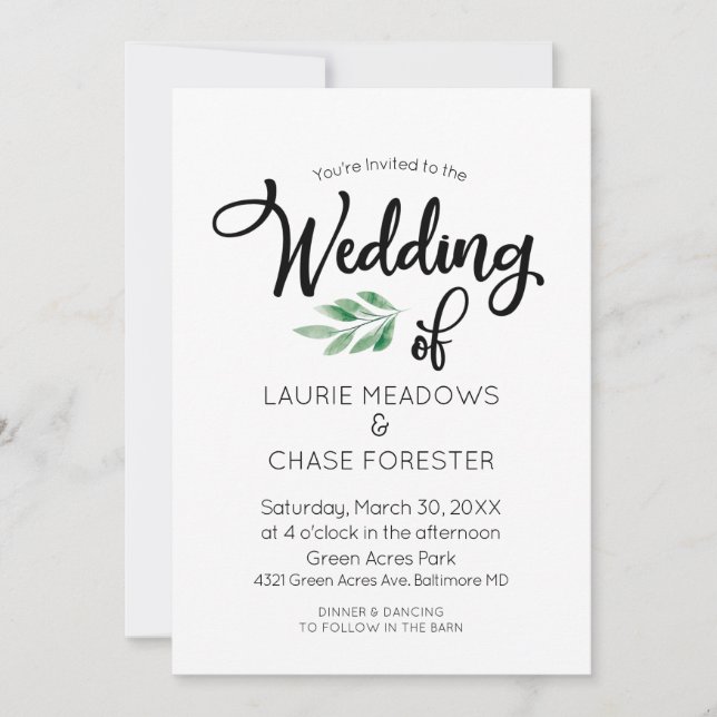 Minimal Watercolor Greenery Wedding Invitation (Front)