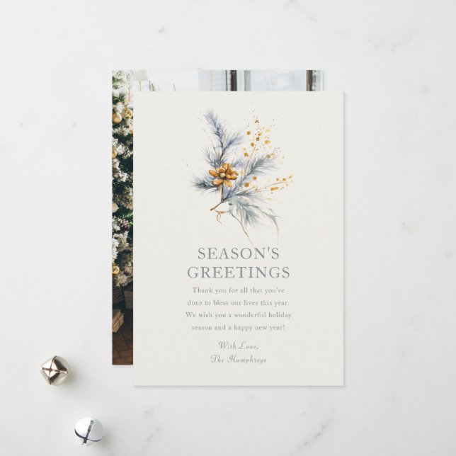 Minimal Watercolor Pine Season's Greetings Holiday Card (Front/Back In Situ)