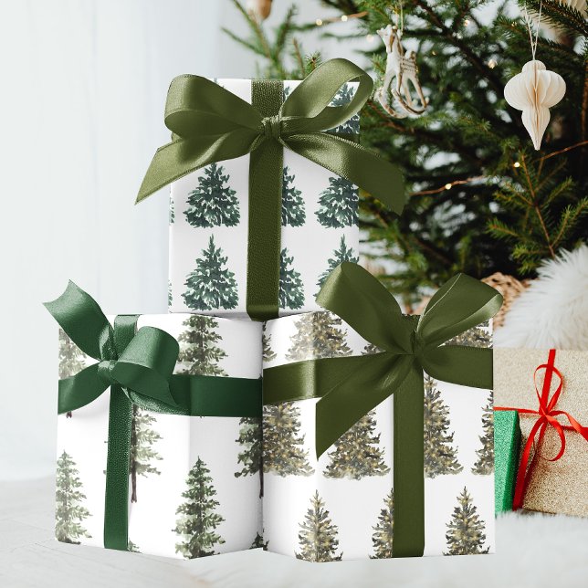 Minimal Watercolor Pine Tree Christmas Wrapping Paper Sheet (Creator Uploaded)