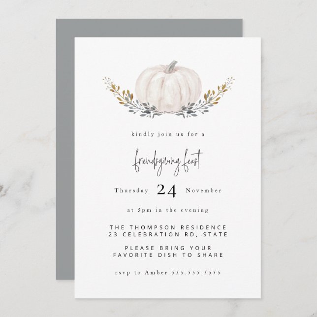 Minimal Watercolor Pumpkin Gold Leaf Friendsgiving Invitation (Front/Back)
