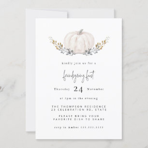 Minimal Watercolor Pumpkin Gold Leaf Friendsgiving Invitation