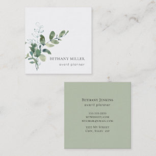 Minimal Watercolor Sage Green Greenery Square Business Card