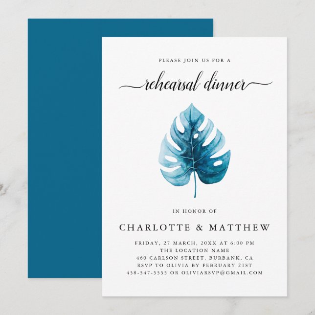 Minimal Watercolor Tropical Leaf  Rehearsal Dinner Invitation (Front/Back)