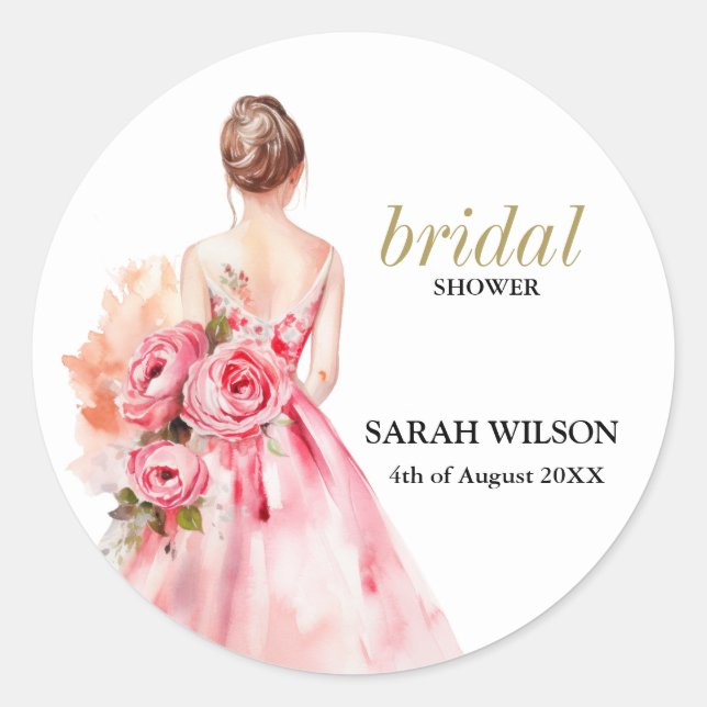 Minimal Watercolor Wedding Gown Bridal Shower  Classic Round Sticker (Front)