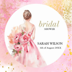Minimal Watercolor Wedding Gown Bridal Shower  Classic Round Sticker
