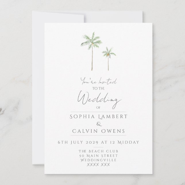 Minimal Watercolour Palm Tree Wedding Invitation (Front)