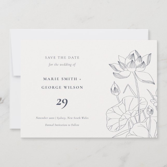 Minimal Waterlily Floral Sketch Save The Date Card (Front)